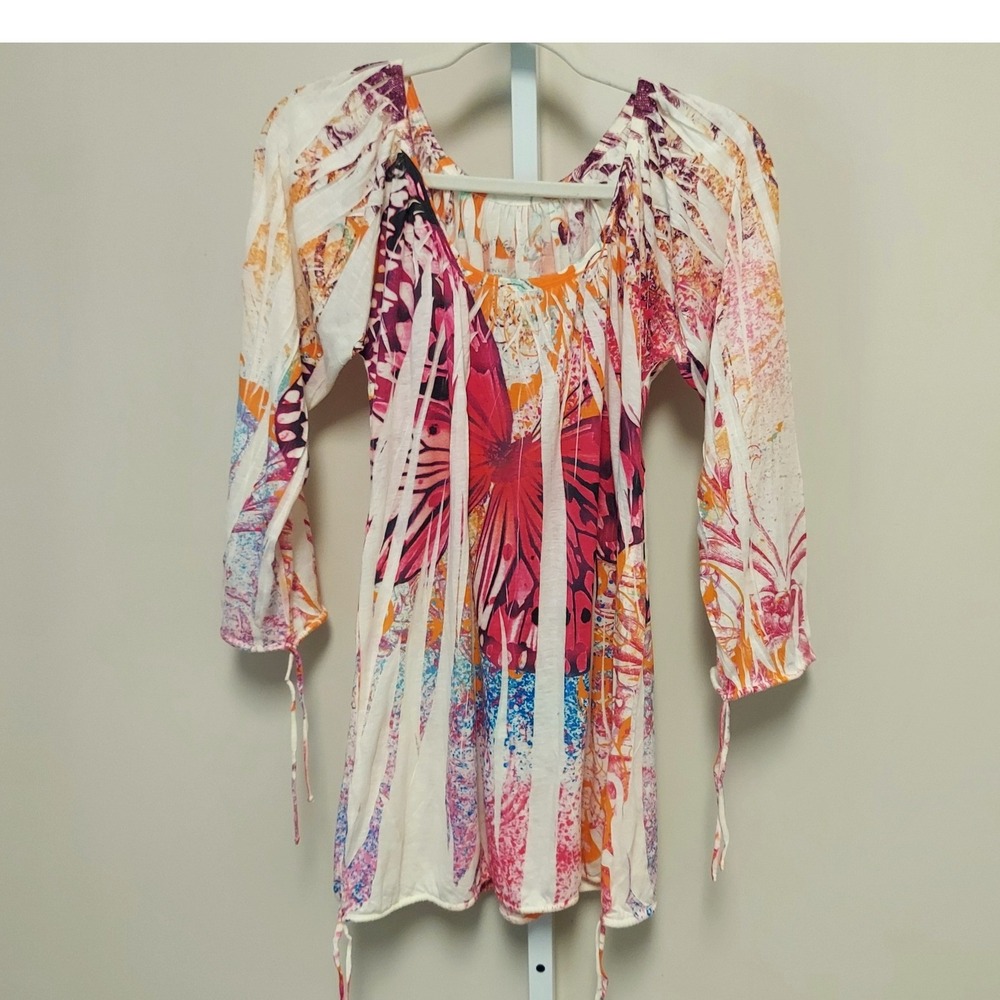 Atmosphere Abstract Butterfly Print Tunic Top Sleeve L USA Cinch Y2K Fairy Artsy